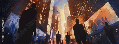 A low angle view reveals the contrast between the scale of people and the majestic presence of towering skyscrapers. Watercolor painting style..