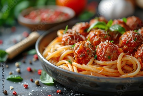 An inviting dish of al dente spaghetti and juicy meatballs topped with basil and grated cheese