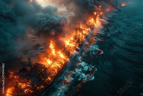 Dramatic image of a naval ship completely overtaken by an inferno at sea with smoke billowing into the sky