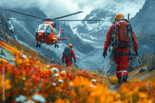 Rescue workers in bright gear against a wintry mountain backdrop symbolize courage and the beauty of selfless service