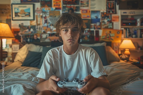 A young boy sits on a bed, gaming, mouth open in fun, jaw muscles working