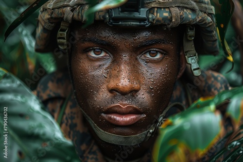 Young African descent soldier with reflective expression and camouflaged in jungle