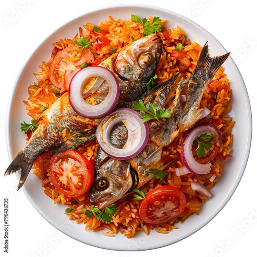 Delicious and Spicy Fish and Vegetable Rice Isolated On White Background 