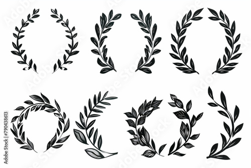 set of various laurel wreath ornaments with hand drawn style vector icon, white background, black colour icon