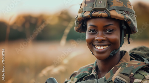 Happy black african american female army soldier in camouflage protective uniform. Inclusion & diversity in the army. Woman serving her country in military war. Labor Day, 4th May, copy space