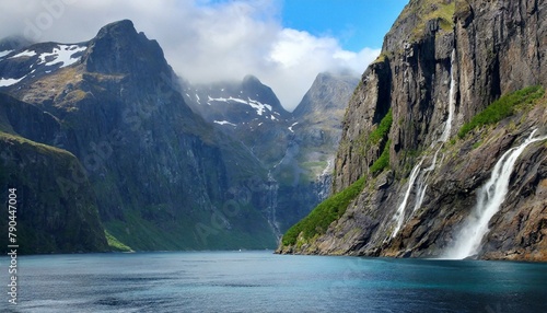 A dramatic fjord landscape, where sheer cliffs rise from crystal-clear waters, their rugged faces adorned with cascading waterfalls and nesting seabirds.