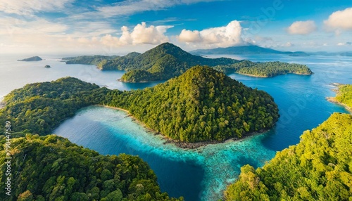 A remote island archipelago, where lush rainforests cling to rugged volcanic peaks, surrounded by azure waters teeming with colorful coral reefs.