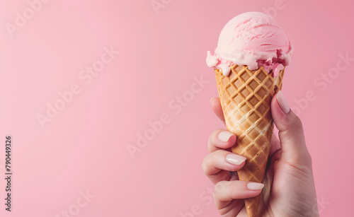 mano de mujer sosteniendo un helado con fondo rosa