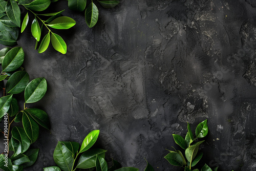 Green Leaves Border on Dark Slate Background, Nature Frame with Copy Space