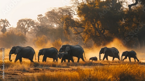 Elephant Family Herd Traveling Together at Dusk