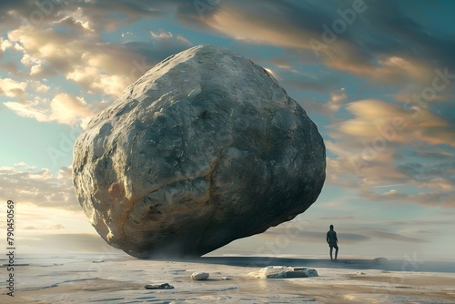 A man stands in front of a large rock, looking up at the sky. The scene is desolate and barren, with no other people or objects in sight