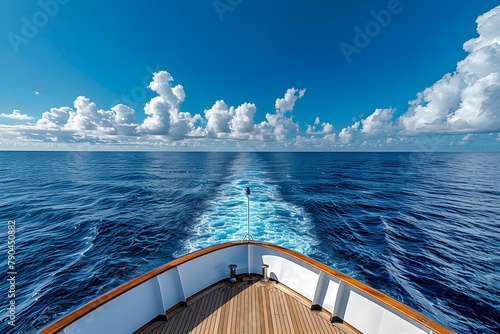 Head of a ship sailing on the open sea with the horizon visible on a clear day