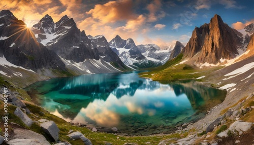 Top view, A pristine alpine lake nestled in the cradle of snow-capped mountains, its tranquil waters reflecting the rugged peaks and sweeping valleys that surround it.