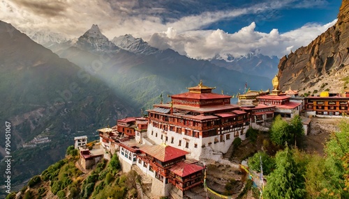 Top view, A tranquil monastery perched on a mountainside, its red-roofed buildings and ornate courtyards offering a peaceful sanctuary amidst the breathtaking natural beauty of the Himalayas.