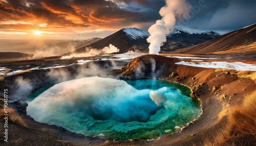 Top view, A series of geothermal hot springs nestled within a volcanic valley, their steaming waters creating a stark contrast against the rugged, blackened landscape.