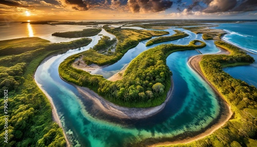 Top view, A serene coastal estuary, where the meeting of freshwater and saltwater creates a rich ecosystem teeming with diverse flora and fauna, visible in the intricate network of channels and island