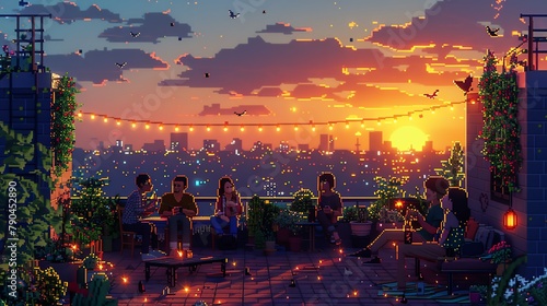 Create a pixel art illustration of a cozy rooftop garden Include a diverse group of friends chatting, surrounded by plants, fairy lights, and a view of the city skyline at sunset, with tiny details li