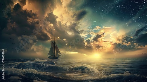 The image presents a dramatic seascape scene with a sailboat on open water. The ocean looks tumultuous with crests of waves highlighted by the sunlight. A stunning, partly cloudy sky looms above, exhi