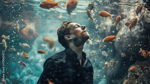 A man with closed eyes is submerged in water surrounded by numerous orange fish. He appears serene and contemplative, as if he is enjoying the tranquility of the underwater world. The water is clear, 
