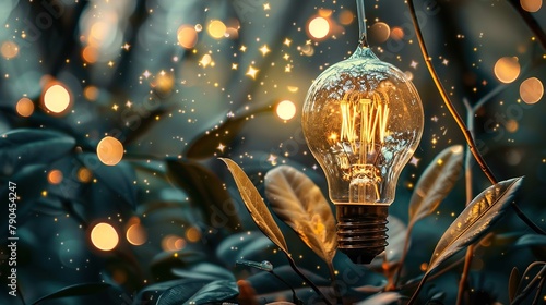 An incandescent light bulb with a visible filament radiating a warm glow sits among dark green leaves with a bokeh effect of golden orbs and glimmering star-like flashes in the background, suggesting 