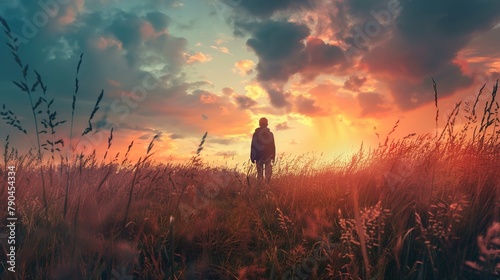 A solitary figure stands in a field surrounded by tall grasses, with their back to the viewer, looking off into the distance. The sky above is a dramatic display of warm colors, transitioning from gol