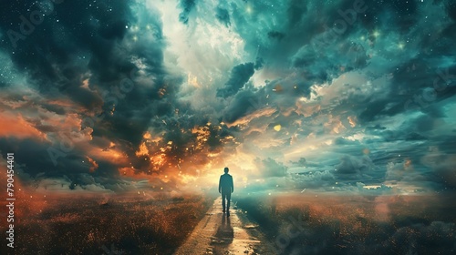 A solitary figure is seen from behind, walking down a straight road that cuts through a surreal and dramatic landscape. The sky above is a fantastical amalgamation of night and day, with stars twinkli