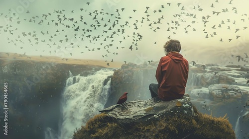 A person in a red jacket is seated on a rocky outcrop overlooking a vast waterfall. The individual is viewed from behind, gazing out at the scene. A small red bird is perched on the rock near the pers