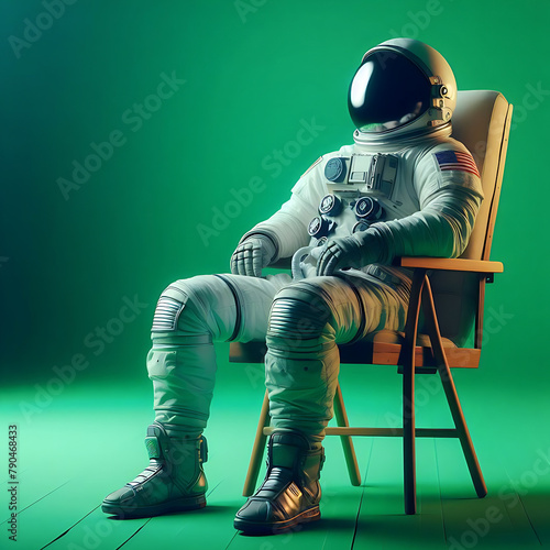 A man wearing a spacesuit is seated in a chair in a studio setting with a green screen background.