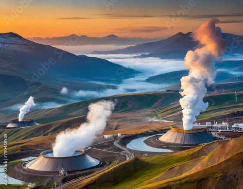 Top view, Geothermal power plants harness the Earth's heat from deep beneath the surface, with steam rising from wells and turbines generating electricity to power homes and businesses.