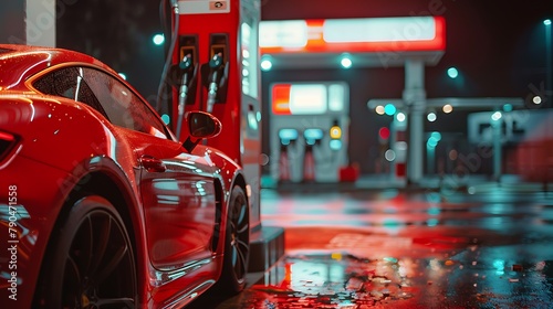 Red car at a gas station filling up with fuel