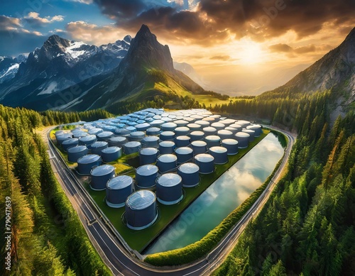 Top view, Smart energy storage systems, such as large-scale batteries and pumped hydro storage, complement renewable energy sources, ensuring reliable power supply and grid stability.