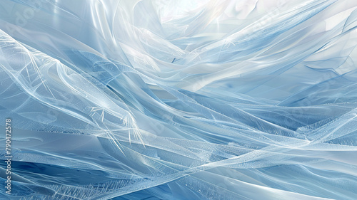 An abstract, minimalist design featuring sheer layers of icy blue and frozen silver, blending together to evoke the crisp, refreshing essence of a winter morning's first frost