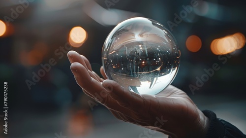 Transport yourself to a realm of elegance and sophistication with this enchanting image of a transparent glass globe resting gracefully in a hand