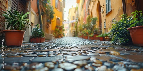 Cobblestone Street With Potted Plants. Generative AI