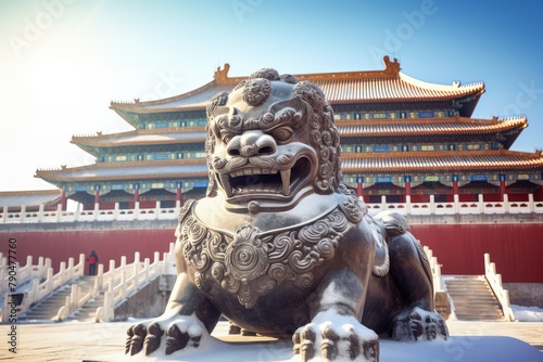 A statue of a lion stands proudly in front of a traditional Asian building. Generative AI
