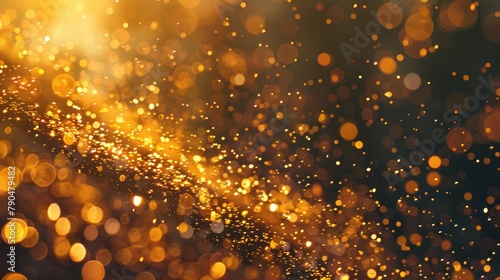 Shimmering gold particles float in the background