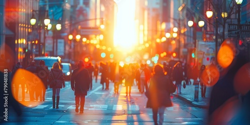 Group of People Walking Down a Street at Sunset. Generative AI
