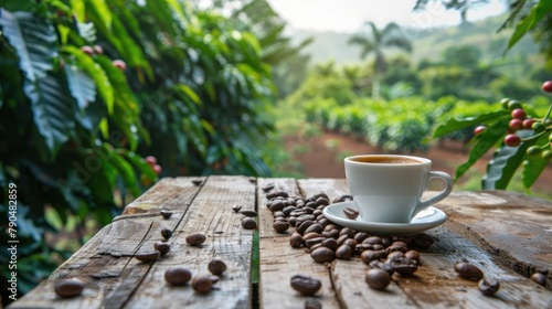 Coffee cup on wooden table and beans in coffee plantation ​