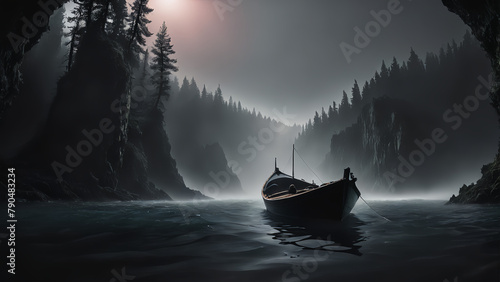 Wooden boat sail on river with dark forest and valley around