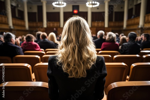 A female lawyer sits confidently in a lecture hall, her back facing the camera, engaged in the educational session. Generative AI
