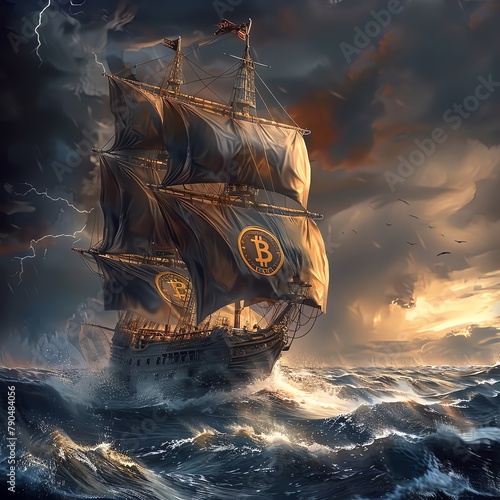 Sailing ship in a tempest with Bitcoin flag, high seas adventure, dramatic angle
