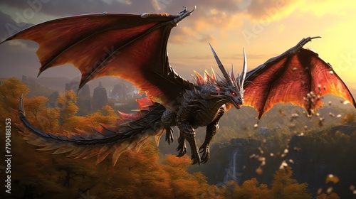 Capture a majestic dragon soaring over a mystical forest during sunset, emphasizing the vibrant colors of the sky and showcasing intricate details of the creatures scales in photorealistic digital ren