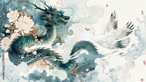 dragon and dove with some flowers and clouds on a white background, in the style of dark teal and light sky-blue, northern and southern dynasties,​