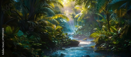 tropical jungle forest sunlight and river