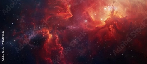 Vibrant colors of red and blue spread across the image, resembling a nebula in space, with tiny stars scattered throughout
