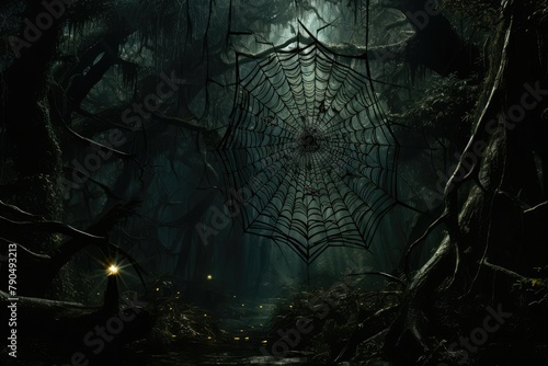 A spider web glistens in the moonlight, intricately woven in the heart of a dense forest. Generative AI