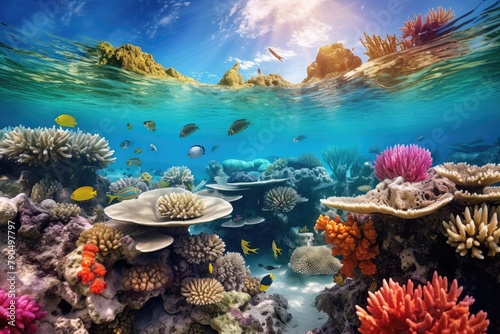 A view beneath the water showcasing a vibrant coral reef with a variety of coral species. Generative AI