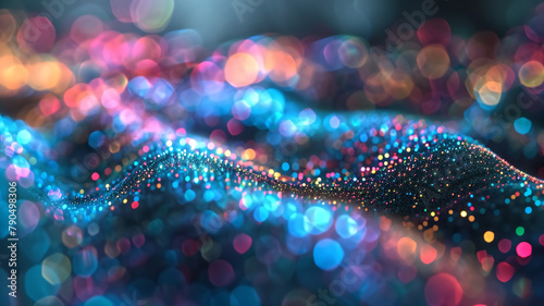 This abstract image features waves made of sparkling particles, surrounded by a sea of soft-focus bokeh lights in vibrant hues. 