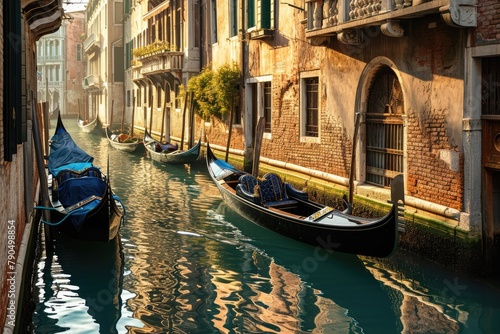 A peaceful Venetian canal in early morning light with gondolas moored at the side, Early morning on the Canal,, Ai generated