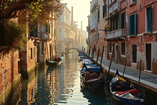 A peaceful Venetian canal in early morning light with gondolas moored at the side, Early morning on the Canal,, Ai generated